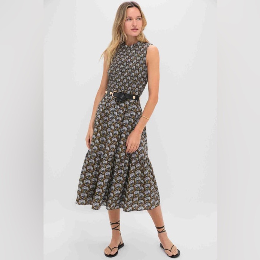 NWT Tuckernuck HYACINTH HOUSE Black Leafy Floral Smocked Seaton Midi Dress